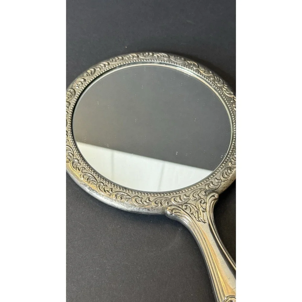 VTG Ornate 3 Pc Vanity Set Repousse Floral Silver Tone Mirror Brush & Comb EUC